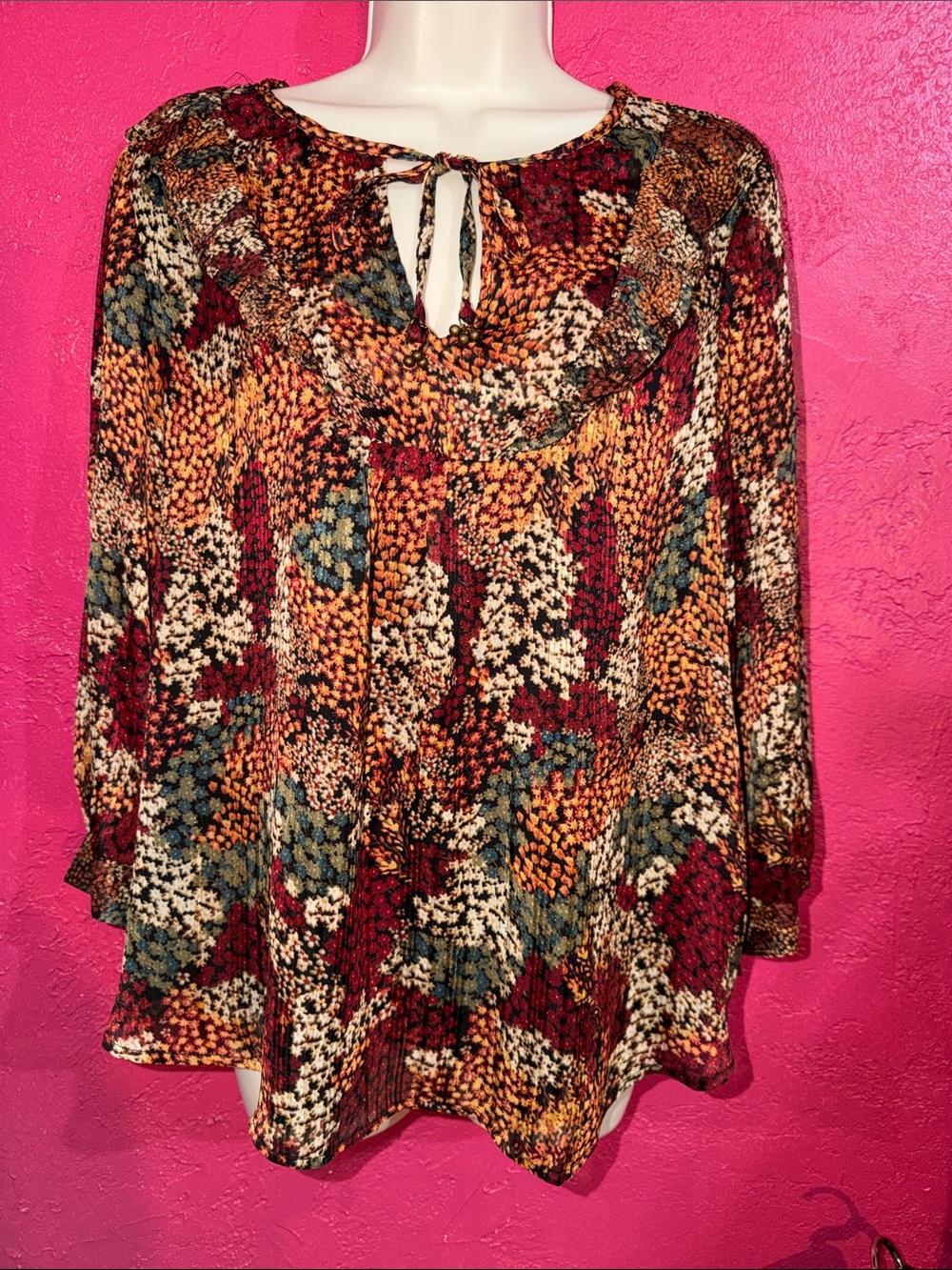 Frye & Co Multicolor floral Tie-Neck boho ruffled top. Sz Large.